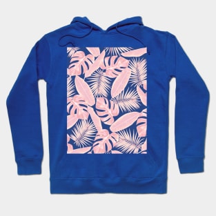 Tropical Green Leaves Pattern on Navy and Blue and Pink Hoodie